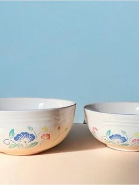 VTG Floral Expressions Stoneware Bowls in Blue Trim Cottagecore